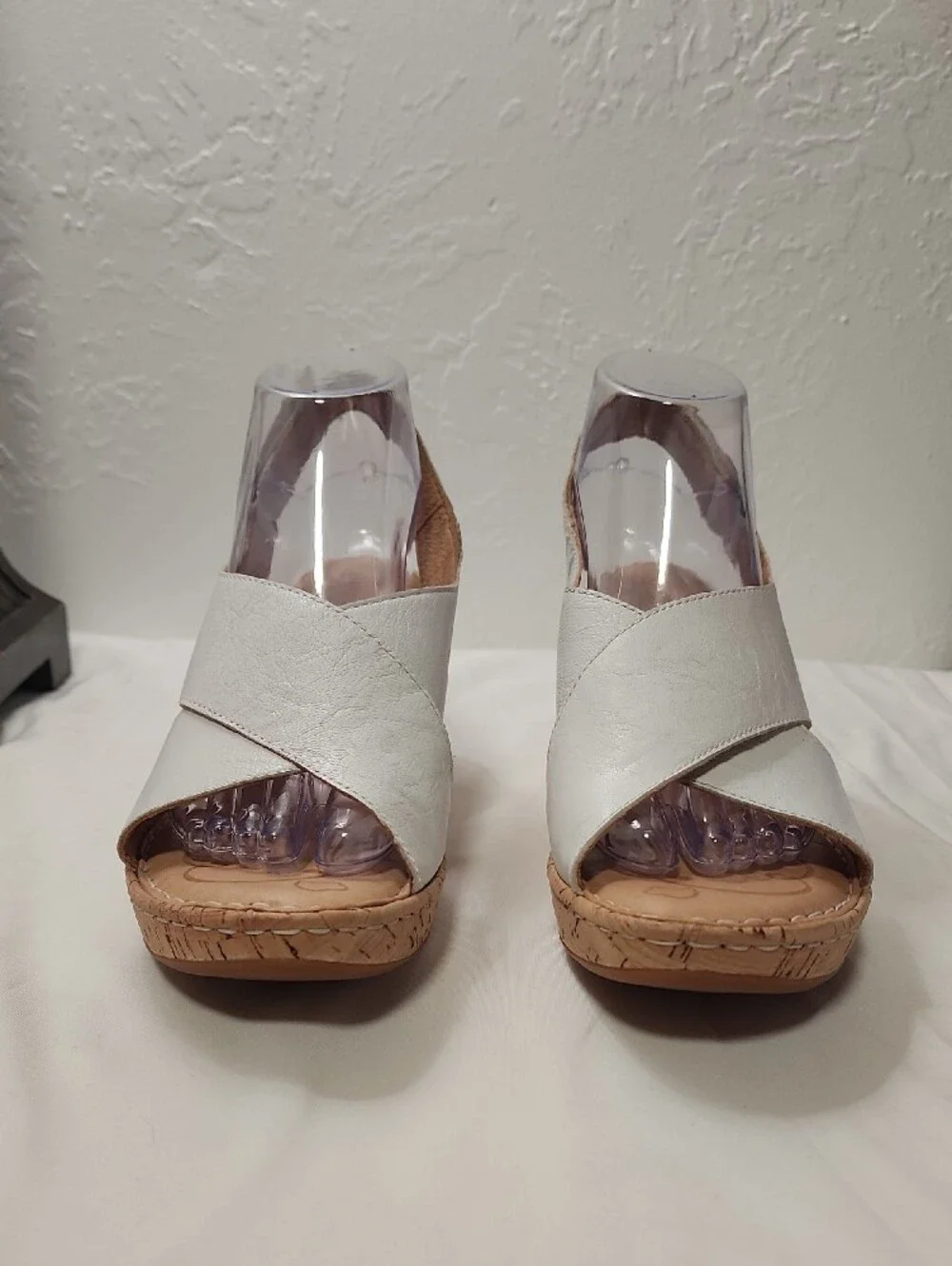 Born White Leather Cork Wedge Sandals with Crisscross Straps